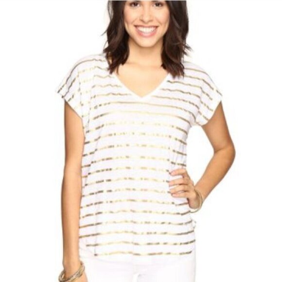 Lilly Pulitzer Tops - Lilly Pulitzer Rollins Linen Top Gold Serene Stripe Top Size Medium